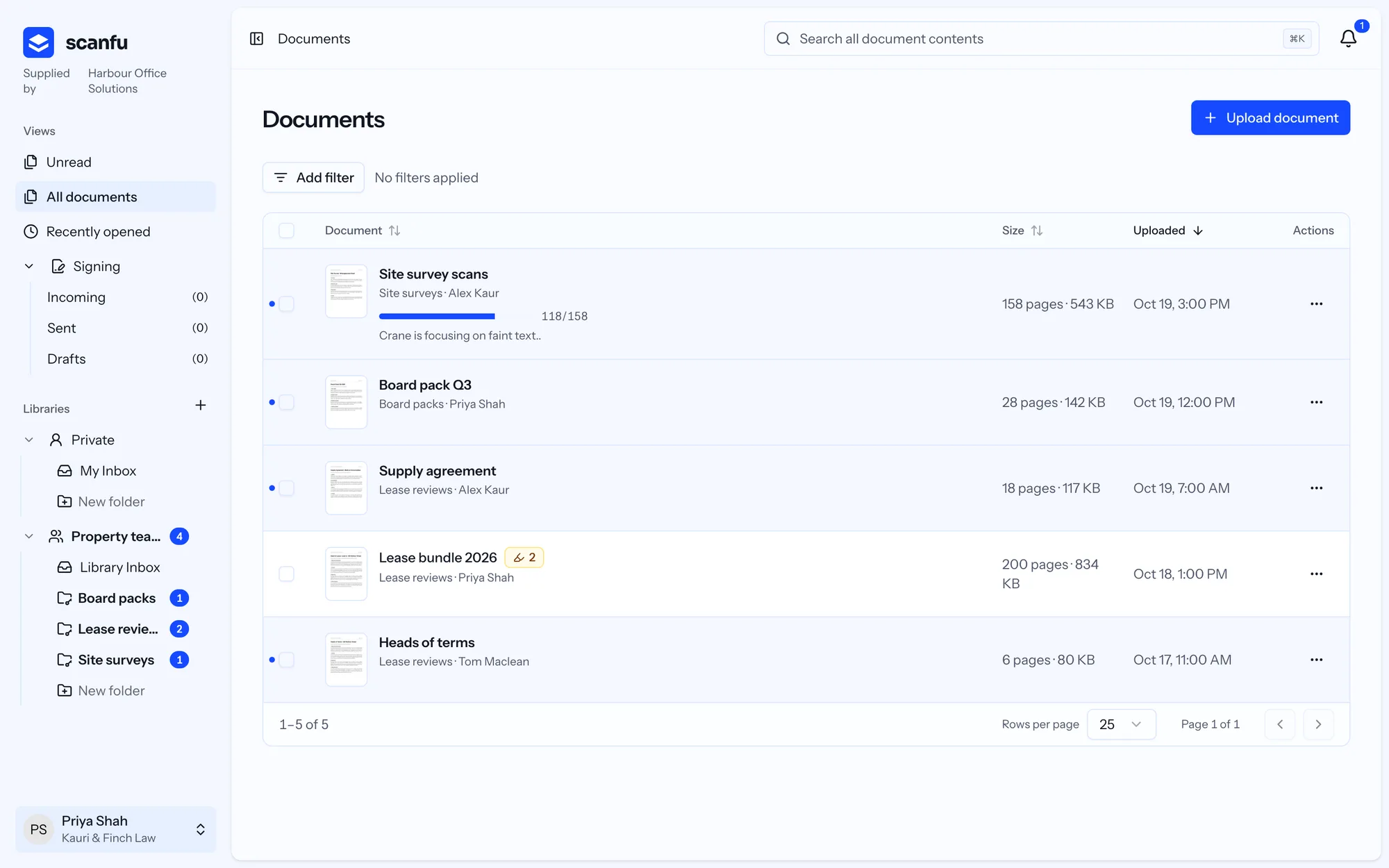 ScanFu document library with thumbnails, page counts and a live progress bar on a scan that is still being read