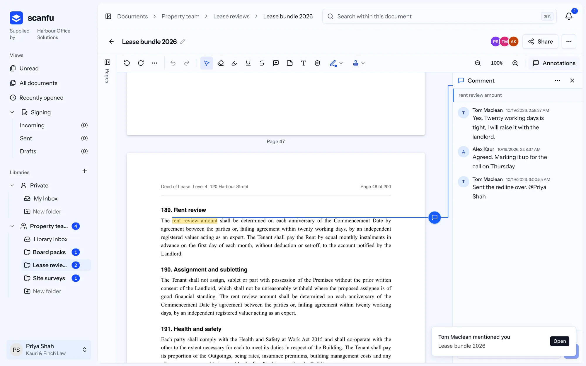 ScanFu reader showing a lease clause highlighted, a comment thread between three colleagues and a notification that a colleague mentioned you
